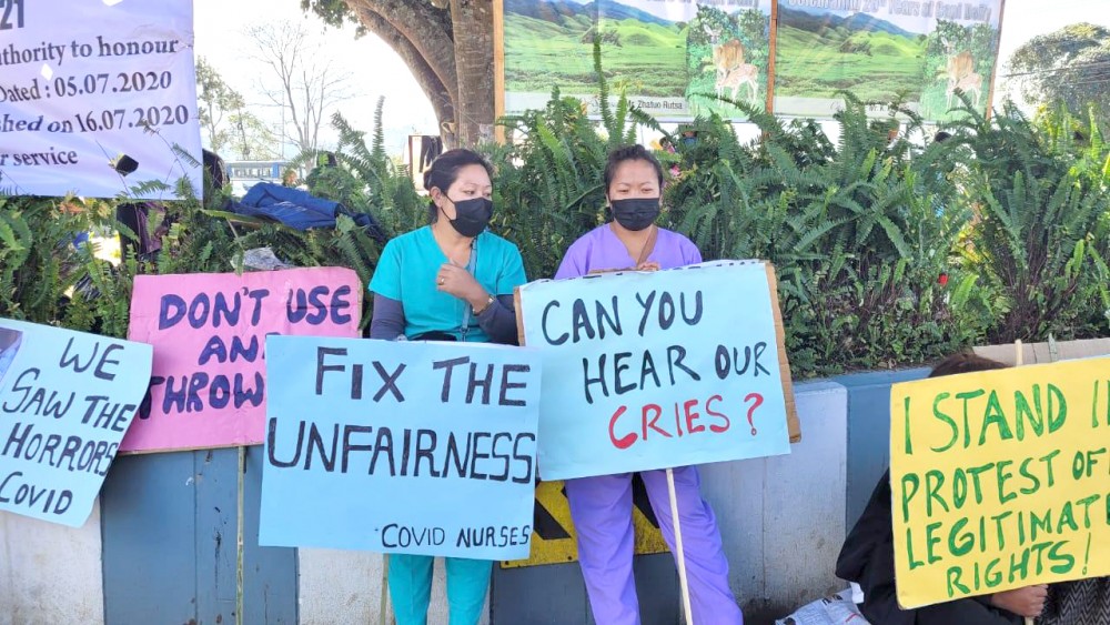 Staff nurses under DRAN 2021 have been  staging protests demanding service regulation since November 9. (Morung Photo)
